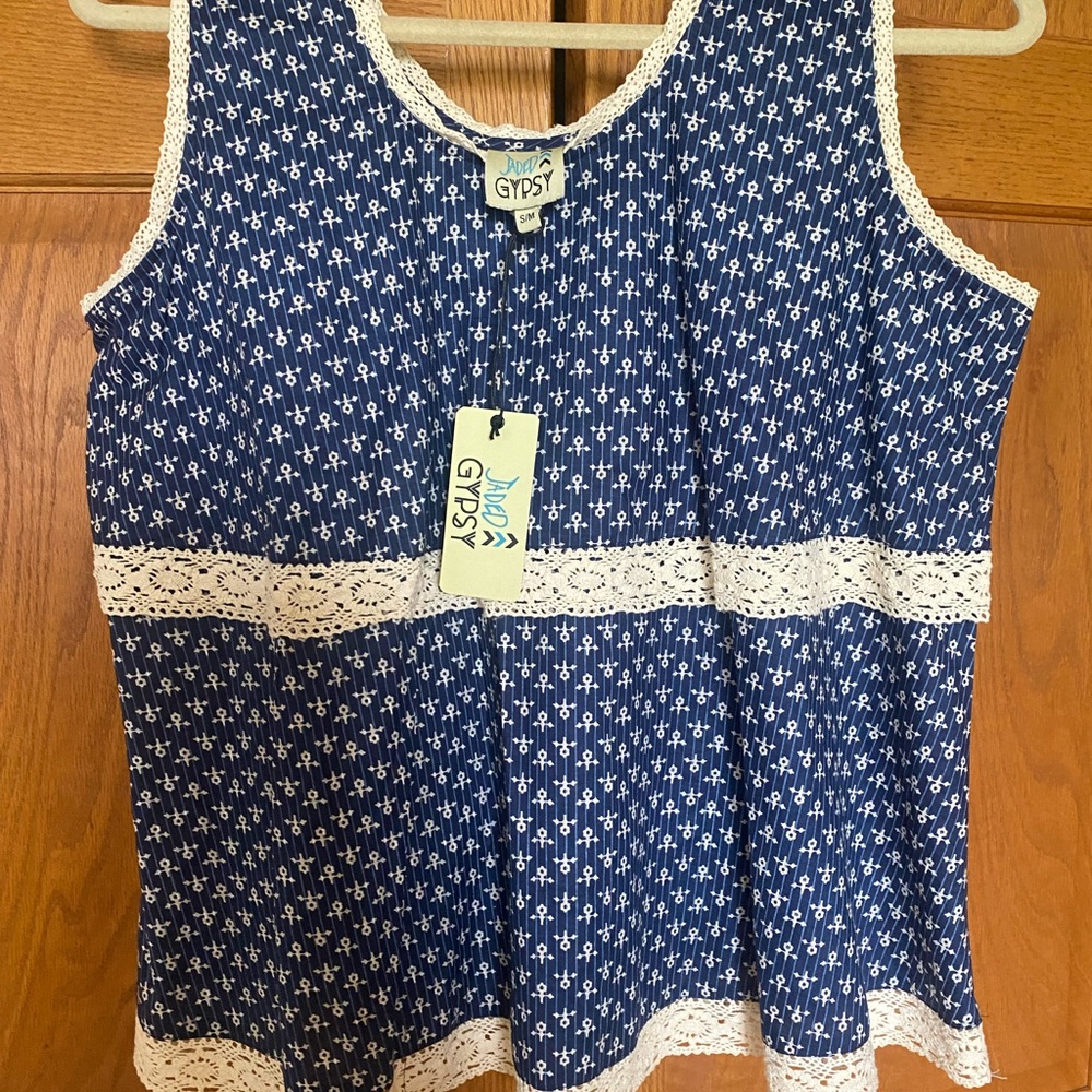NWT Jaded Gypsy Blue and White Tank Top